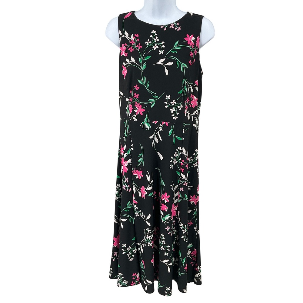 Anne Klein Midi Dress Womens Medium Black Floral Sleeveless Classic Boho Preppy